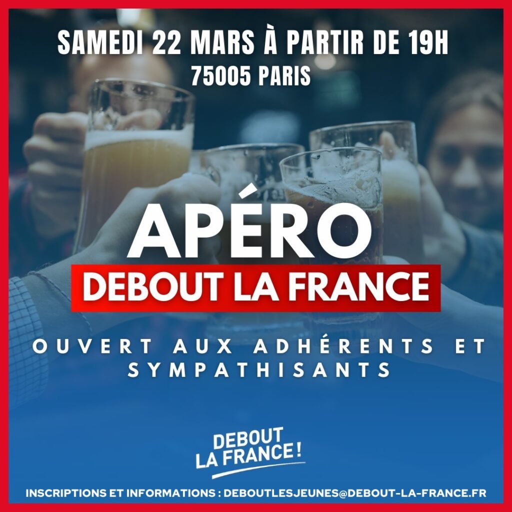 Rejoignez-nous le samedi 22 mars à 19h pour un apéro convivial ouvert à tous, adhérents et sympathisants !